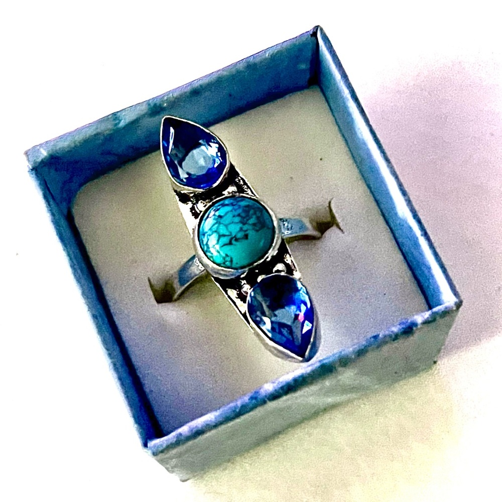 New 925 Sterling Silver Blue Imperial Topaz Turquoise Artisten 3 Tier Ring - Picture 13 of 17